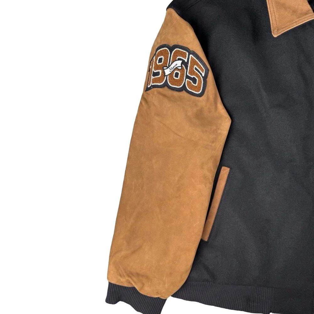 TGI Fridays Leather Wool Varsity Jacket 40th Anniversary Black Tan‎ Large